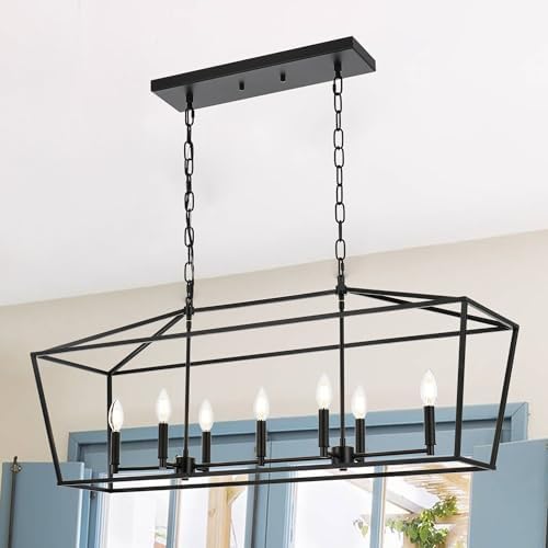 TULUCE Kitchen Island Linear Chandelier 7 Light Adjustable Height in Coal Black Finish
