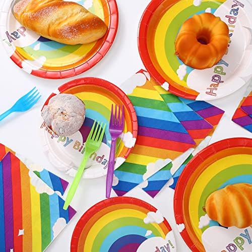 100 Pcs Rainbow Party Plates Napkins and Tableware for 20 Guests