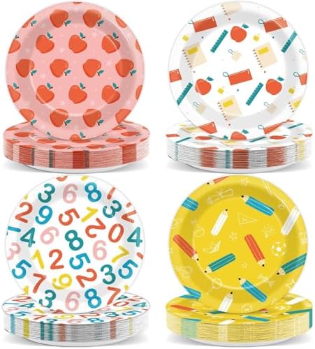 48Pcs Back to School Paper Plates with Apple Pencil Designs