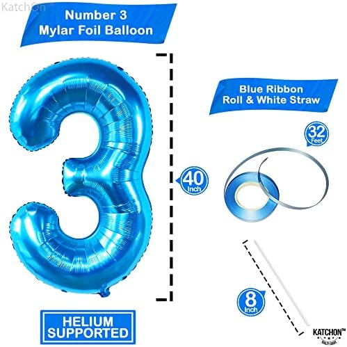 KatchOn Big Blue Number 3 Balloon with Happy Birthday Banner - Pack of 2