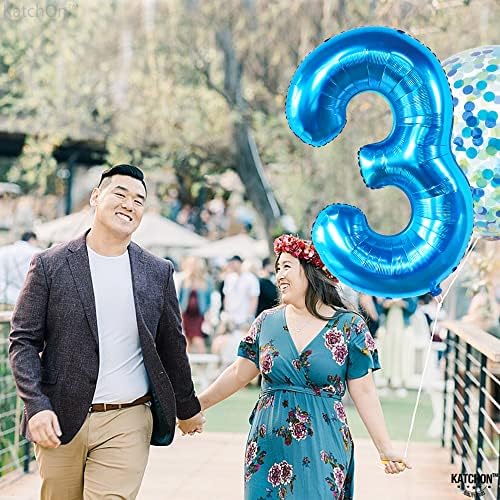 KatchOn Big Blue Number 3 Balloon with Happy Birthday Banner - Pack of 2