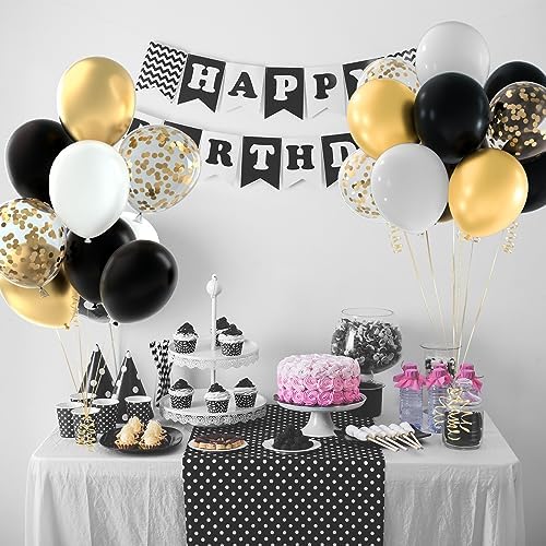 NEBURORA 60pc Black and Gold Confetti Balloons with Ribbons
