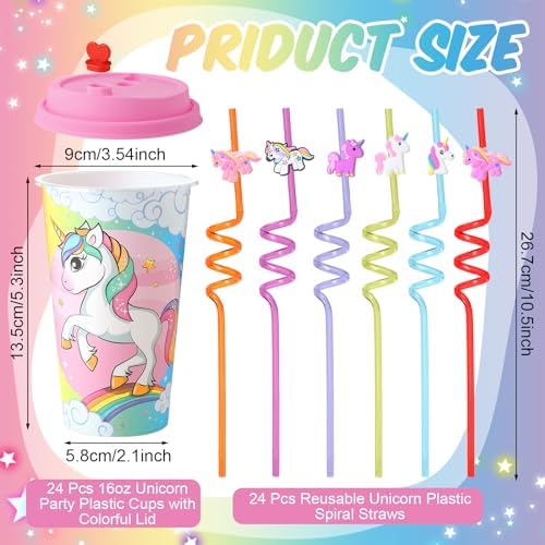 Maxcheck 24 Unicorn Cups with Straws for Birthday Party