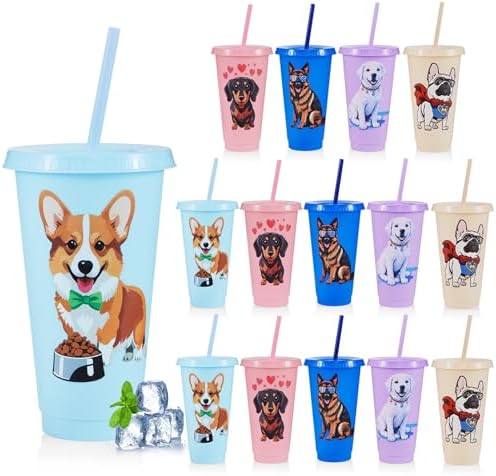 15 Pcs Dog Party Cups with Lids and Straws