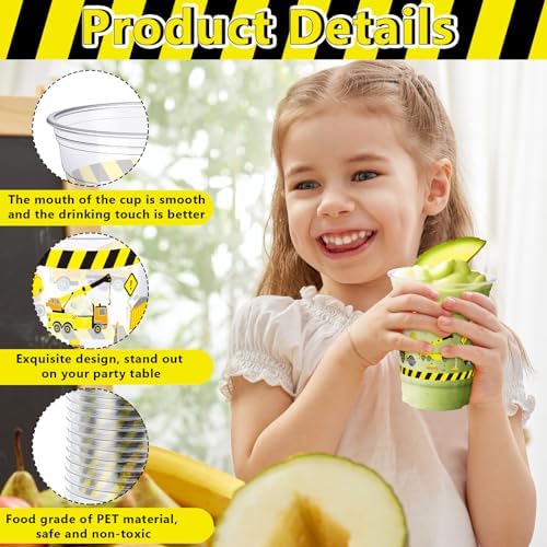 50 Pcs Construction Themed Plastic Cups with Lids and Straws