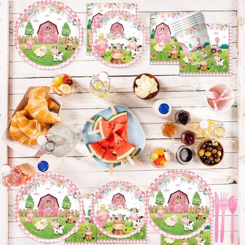171Pcs Farm Animals Party Tableware Set Pink Baby Shower Decorations
