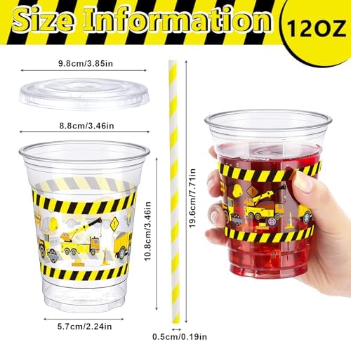 50 Pcs Construction Themed Plastic Cups with Lids and Straws