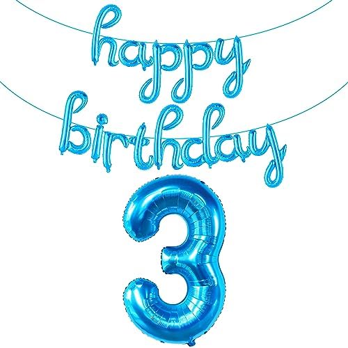 KatchOn Big Blue Number 3 Balloon with Happy Birthday Banner - Pack of 2