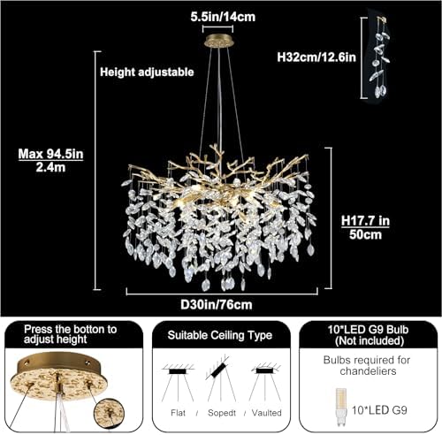 Modern Gold Crystal Chandelier with 10 Lights 30 Inch