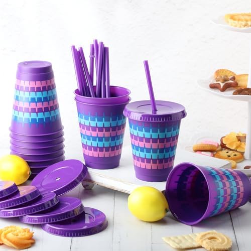 12 Pcs Llama Video Game Themed Reusable Plastic Cups with Lids and Straws