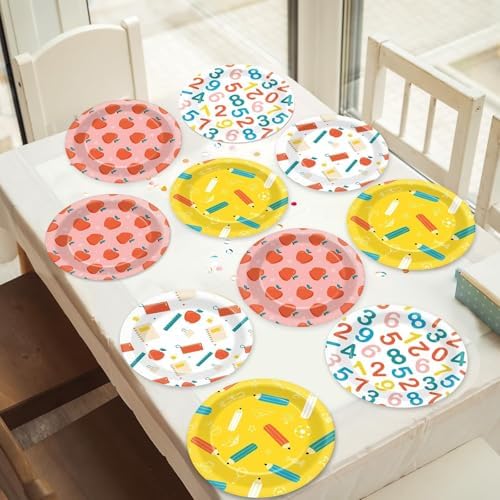 48Pcs Back to School Paper Plates with Apple Pencil Designs