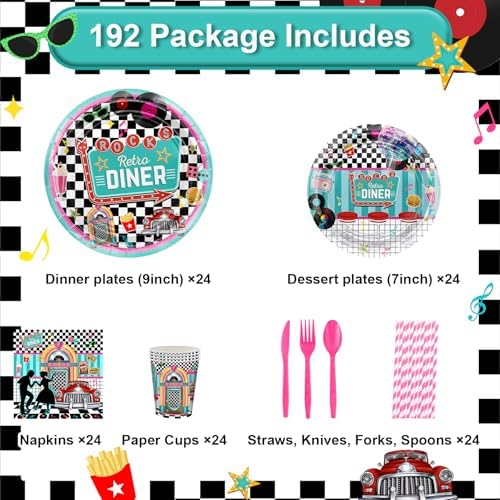 Avezano 192 Pcs 50s Rock Roll Party Plates Napkins Set