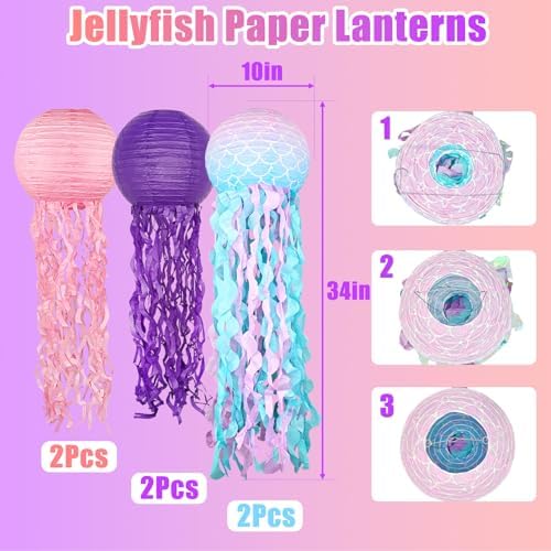 Mermaid Theme Paper Lanterns Set 6pcs Pink Purple Blue