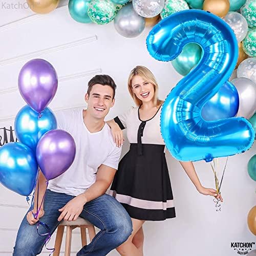 KatchOn Big Blue Number 2 Balloon with Happy Birthday Banner - Pack of 2