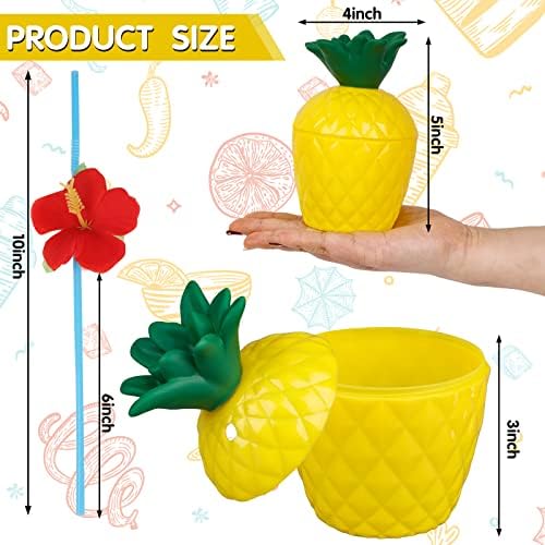 6-Pack Pineapple Cups with 12 Flower Straws for Tropical Party