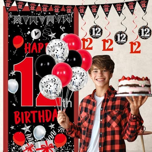 Happy 12th Birthday Decorations Red Black Set