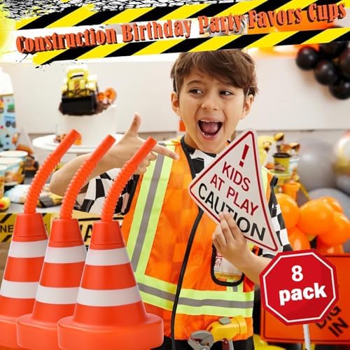 8-Pack Construction Cone Cups with Straws for Kids Party
