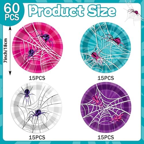 60Pcs 7 Inch Pink Spider Party Plates Decorations