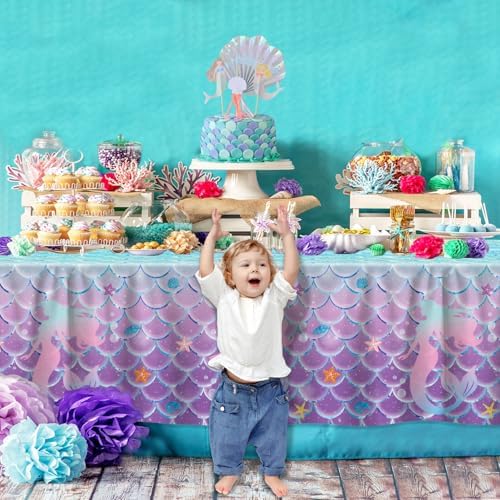 4 Pcs Mermaid Tablecloth Ocean Theme Rectangular Table Covers for Birthday Parties