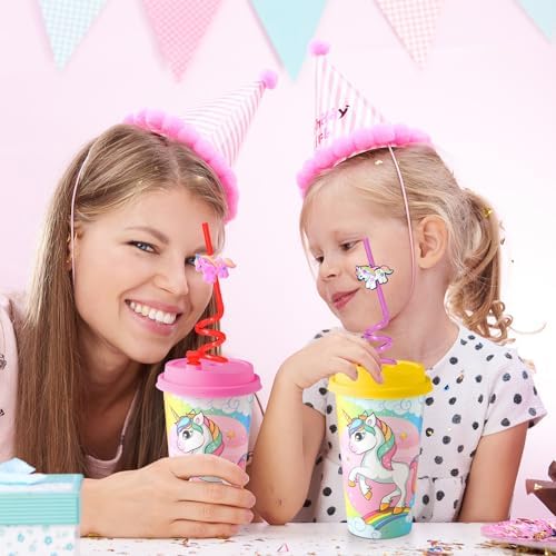 Maxcheck 24 Unicorn Cups with Straws for Birthday Party
