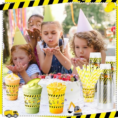 50 Pcs Construction Themed Plastic Cups with Lids and Straws