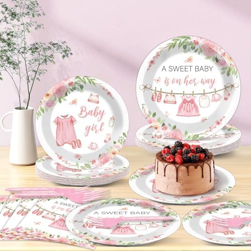 Pink Girl Baby Shower Plates and Napkins Set 24 Pieces