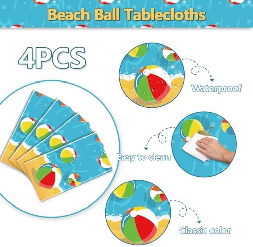 4 Pcs Beach Ball Tablecloths - Summer Pool Party Decor