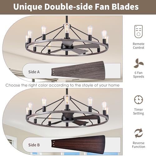 Shes home 43 Inch Wood Wagon Wheel Chandelier with Fan