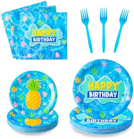 GaofanWai Ocean Pineapple Birthday Plates - 96PCS Set for Kids Baby Shower