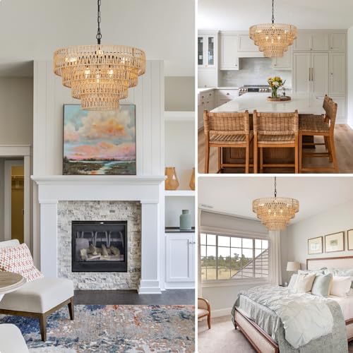 Boho Rattan Chandelier 6 Light Farmhouse Dining Room Pendant