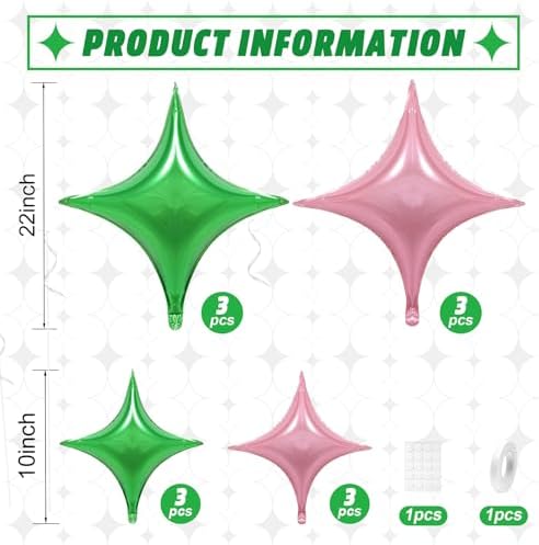 12PCS Pink Green Star Foil Balloons for Party Decorations