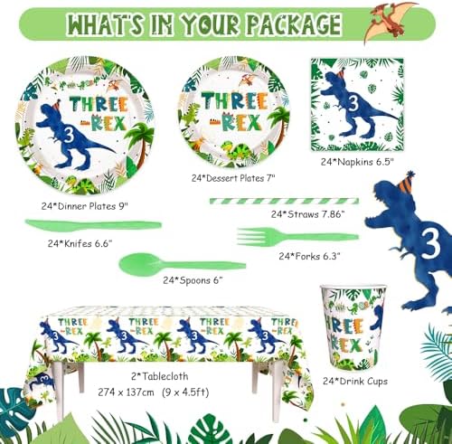 194pcs Dinosaur 3rd Birthday Party Set Plates Cups Napkins Tableware