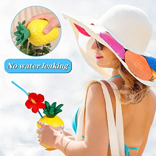 6-Pack Pineapple Cups with 12 Flower Straws for Tropical Party