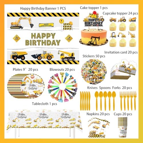 339 PCS Construction Birthday Party Supplies for 20 Guests