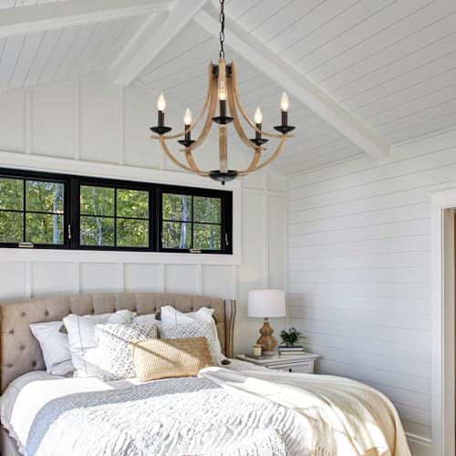 Farmhouse Chandeliers 5-Light 24 Inch Faux Wood Hanging Light