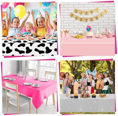 4PCS Hot Pink Disco Cowgirl Tablecloths with Cow Print and Disco Ball Patterns