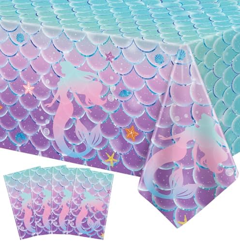 4 Pcs Mermaid Tablecloth Ocean Theme Rectangular Table Covers for Birthday Parties