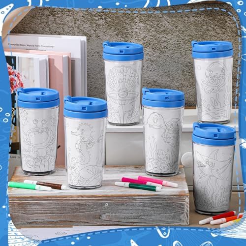 Ocean Animal DIY Cups with Lids and Pens for Kids