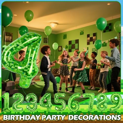 40 Inch Green Pixel Miner Themed Number Balloons Number 4