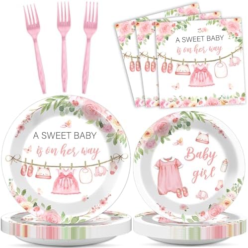 Pink Girl Baby Shower Plates and Napkins Set 24 Pieces