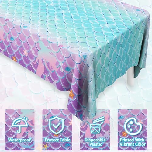 4 Pcs Mermaid Tablecloth Ocean Theme Rectangular Table Covers for Birthday Parties