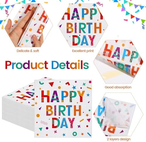 100 Piece Happy Birthday Paper Napkins 13x13 Inches