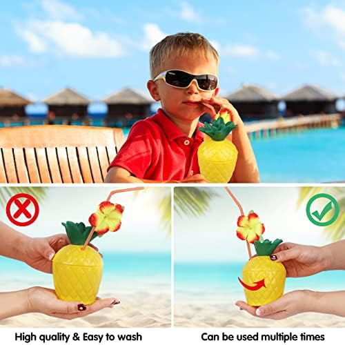 6-Pack Pineapple Cups with 12 Flower Straws for Tropical Party