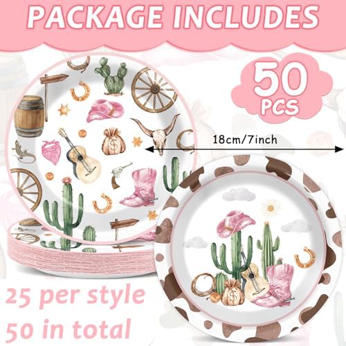 50pcs Western Cowgirl Party Paper Plates with Wild West Designs