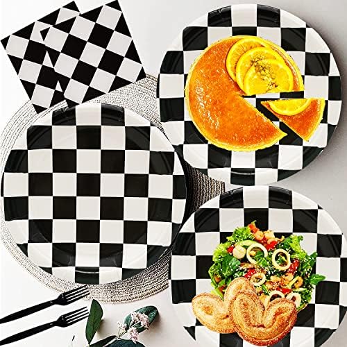 60Pcs Black and White Checkered Race Car Party Plates Set