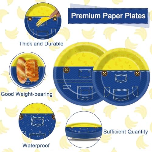 Justforjoyful 96Pcs Yellow Cartoon Paper Plates Set for Birthday Party