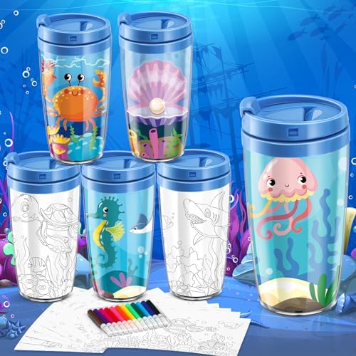 Ocean Animal DIY Cups with Lids and Pens for Kids
