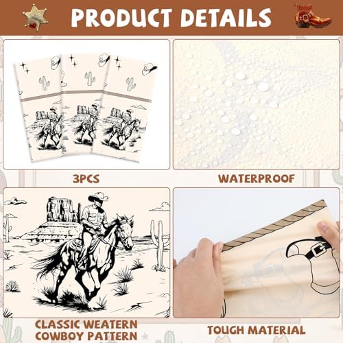 3Pcs Western Party Tablecloth for Cowboy Birthday Decor