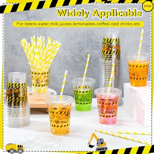 50 Pcs Construction Themed Plastic Cups with Lids and Straws
