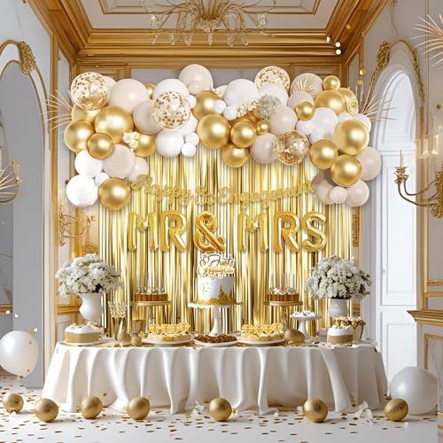 Engagement Party Decor Kit Gold White Balloons